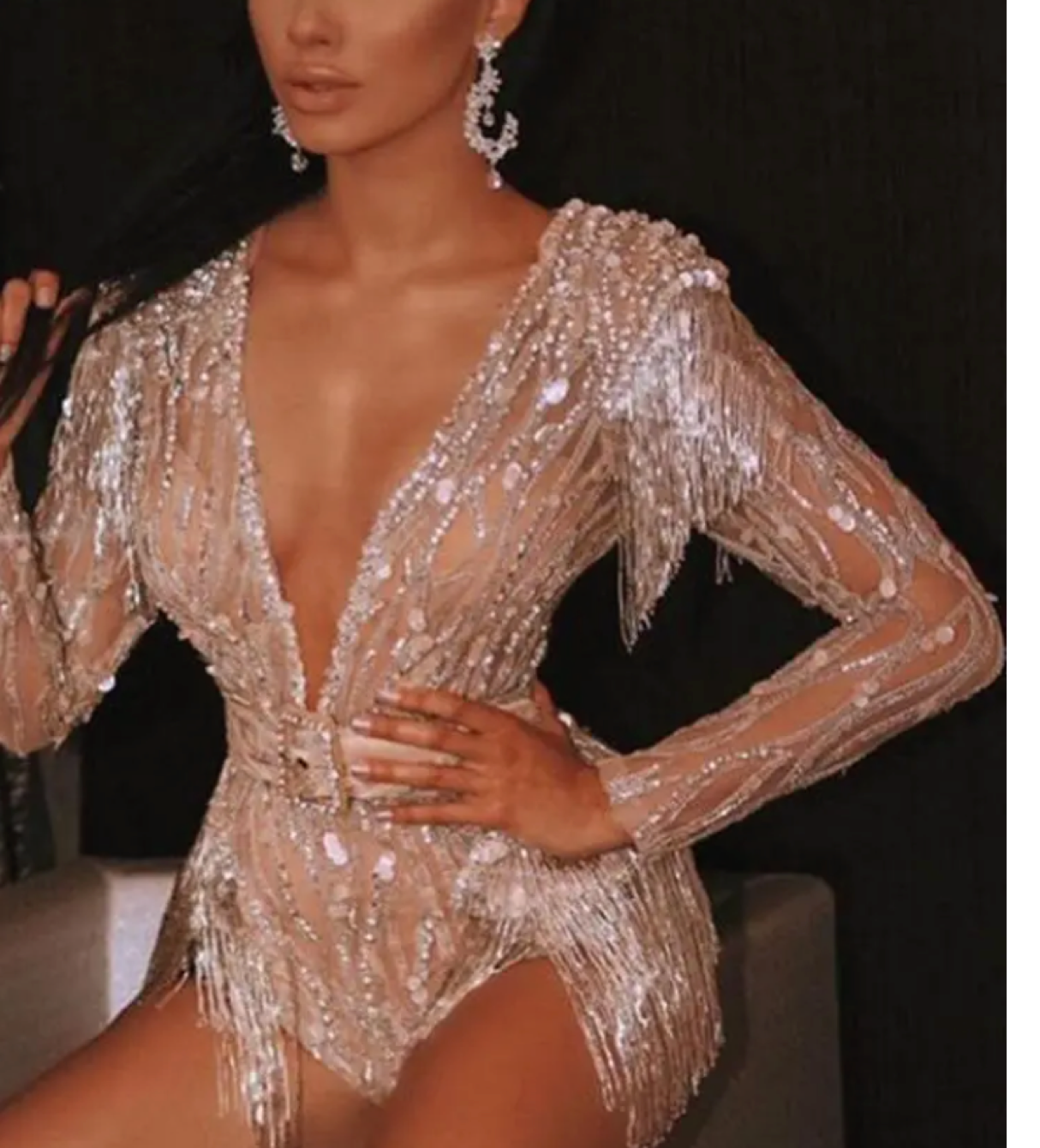 Dark Apricot Sequins See-through Jumpsuits