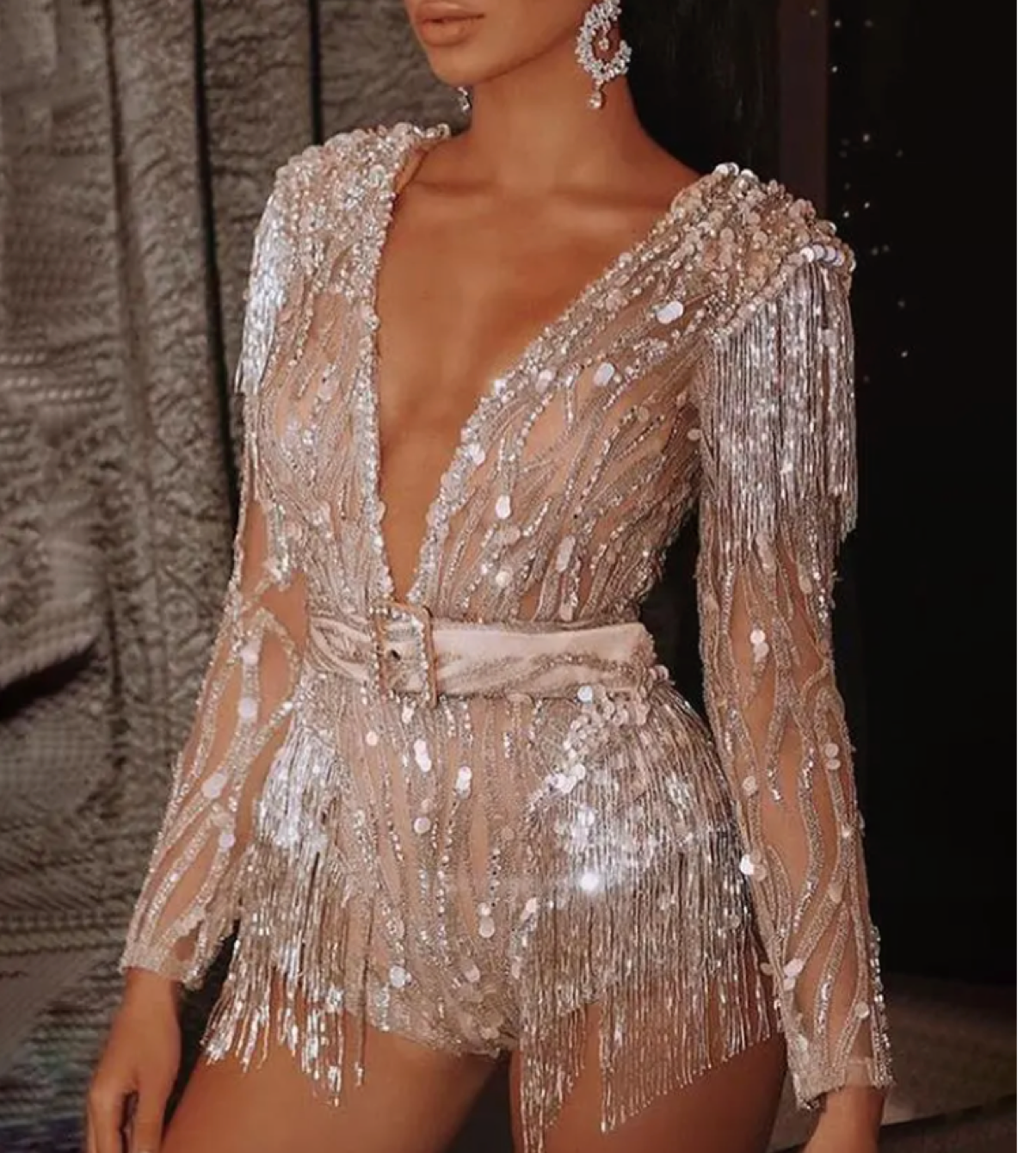 Dark Apricot Sequins See-through Jumpsuits