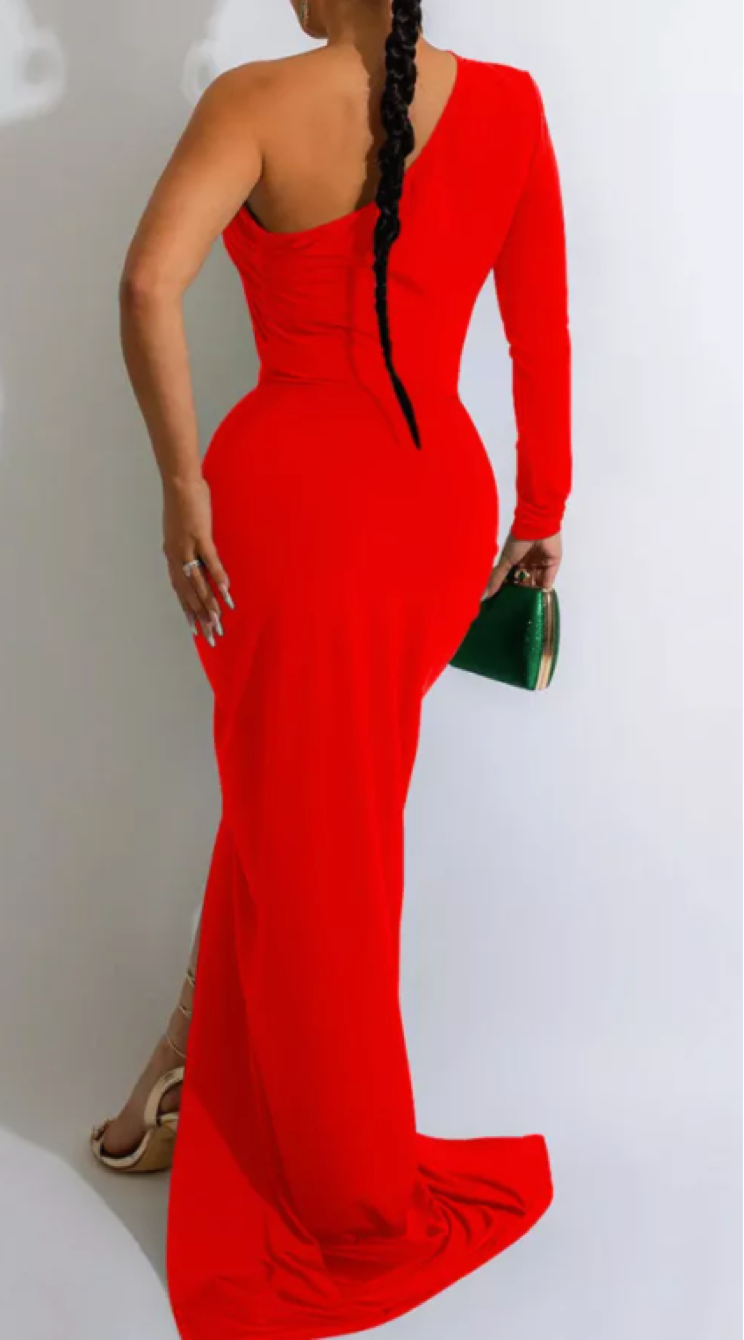 Red Sexy Solid Oblique Collar Long Dress